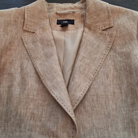 H&M Beige Linen Single-Breasted Blazer With Notched Collar & Shell Buttons SZ 10 - Picture 3 of 8